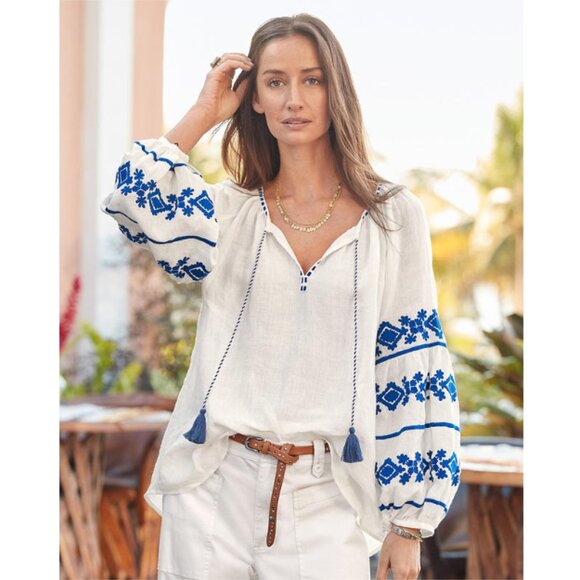 LBENARAS BY CITRUS 100% Linen Embroidered Billowy Blouse Sage Green Size L - Picture 9 of 9